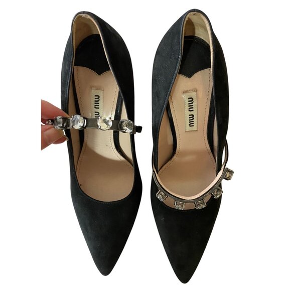 Miu Miu Shoe Pump Black Suede Rhinestone Embellished Strap Kitten Heel Size 38 - Picture 1 of 8